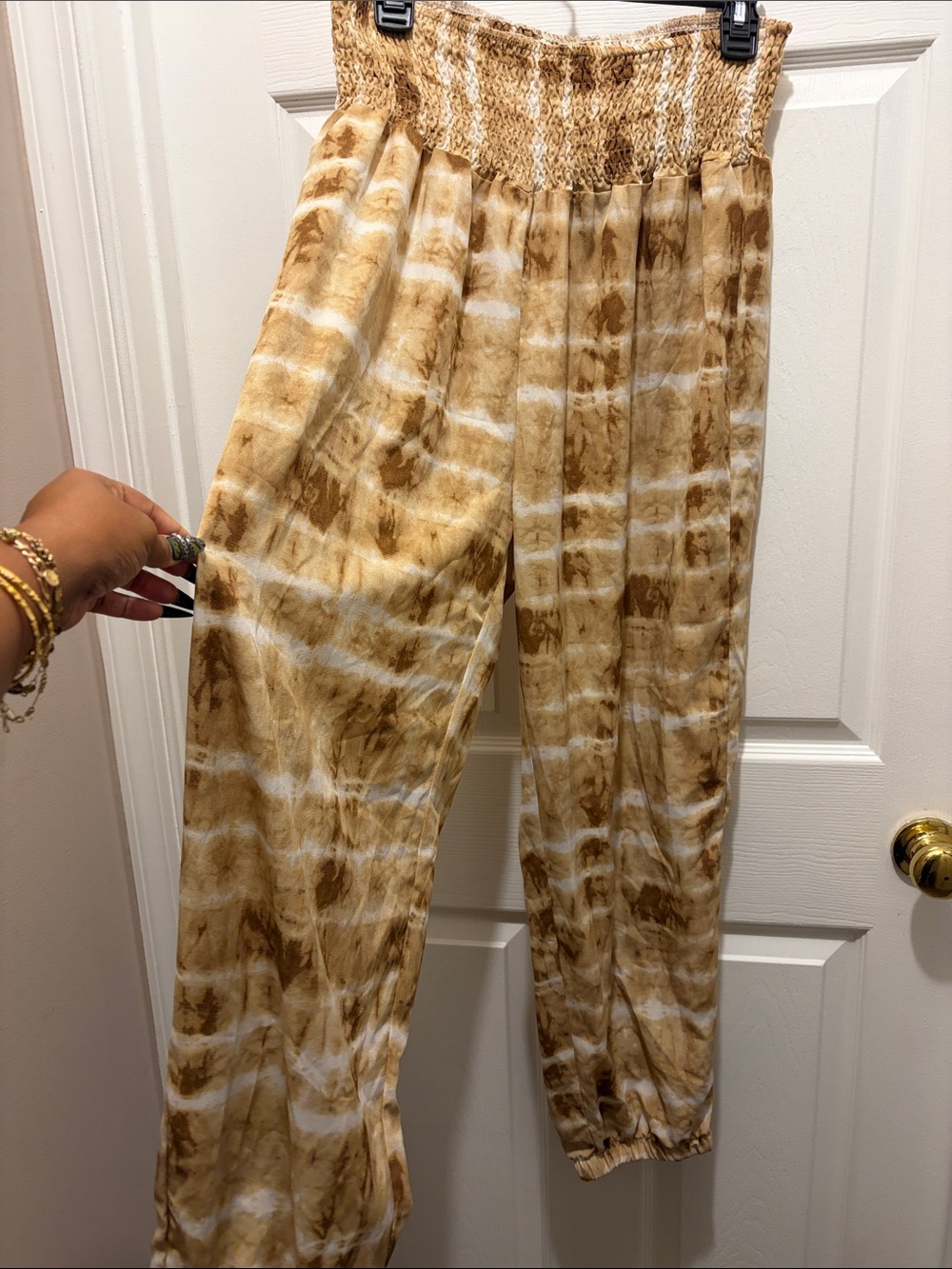 SHEIN Brown & White Tie-Dye Smocked Waist Joggers